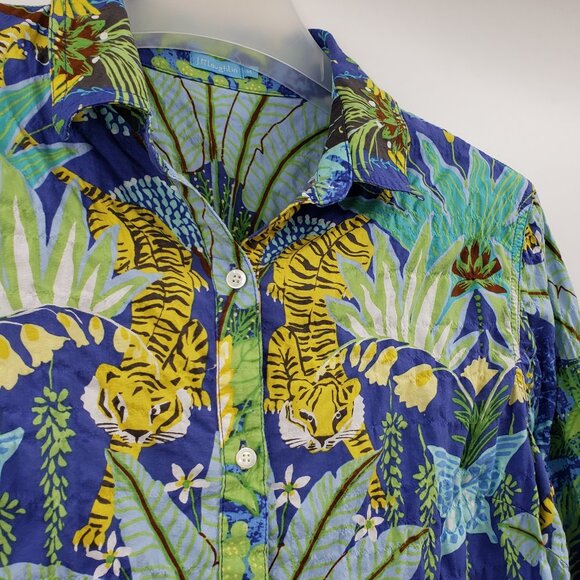 J. McLaughlin Lois Button Up Shirt Womens M Jungle Cats Blue Multicolor Tropical - Picture 4 of 8